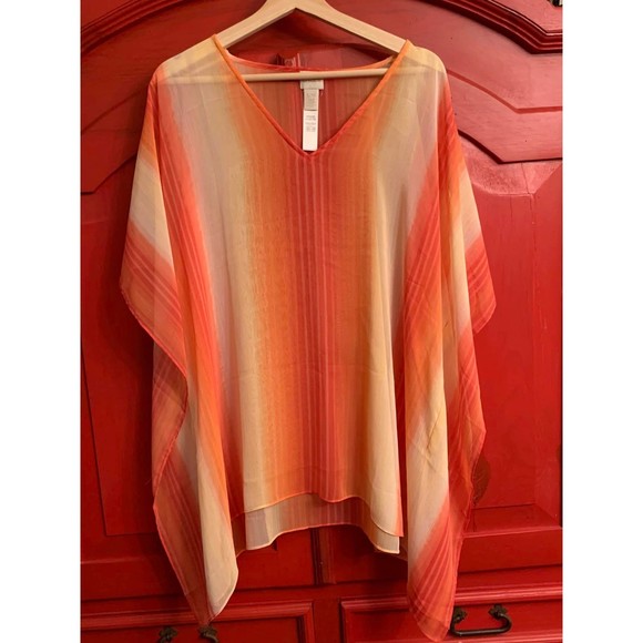 Chicos SM/M Orange Yellow Ombre Batwing Sheer Shirt  Flutter Sleeve Poncho EUC - Picture 1 of 4
